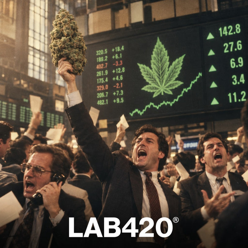 Salle de bourse rétro avec un bud géant affiché au tableau des cours - prix de la beuh