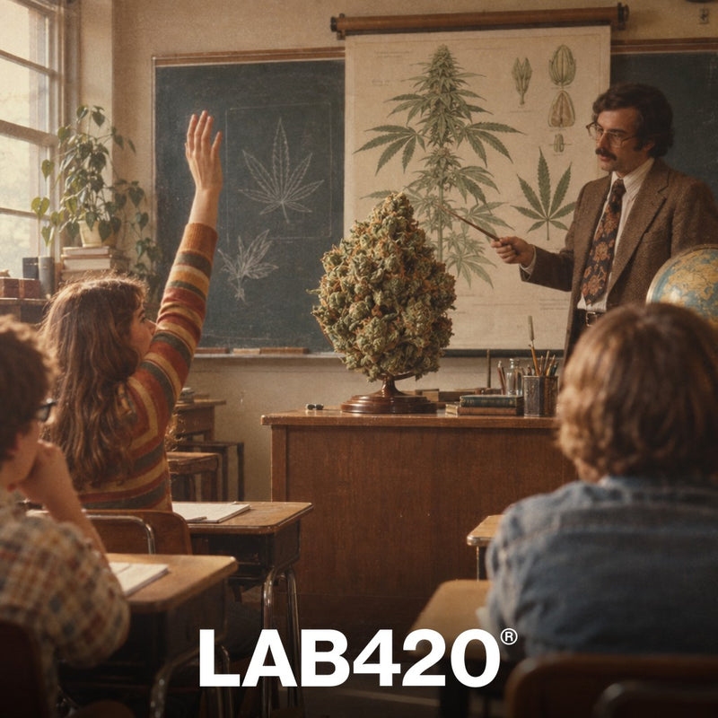 Salle de classe rétro 70s avec un bud géant sur le bureau du professeur - c'est quoi la beuh