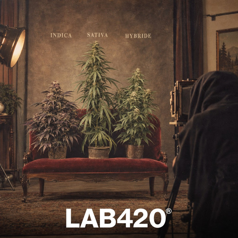 Portrait de famille rétro avec trois plants indica, sativa et hybride - quelle différence
