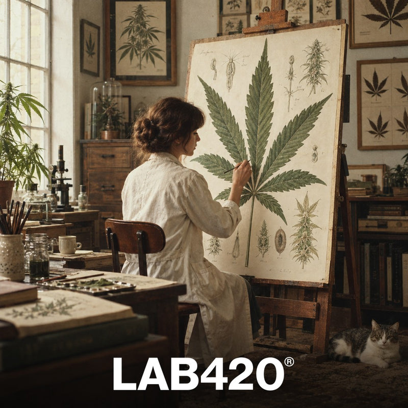 Illustratrice botanique rétro peignant une feuille de cannabis géante - anatomie et symbolique
