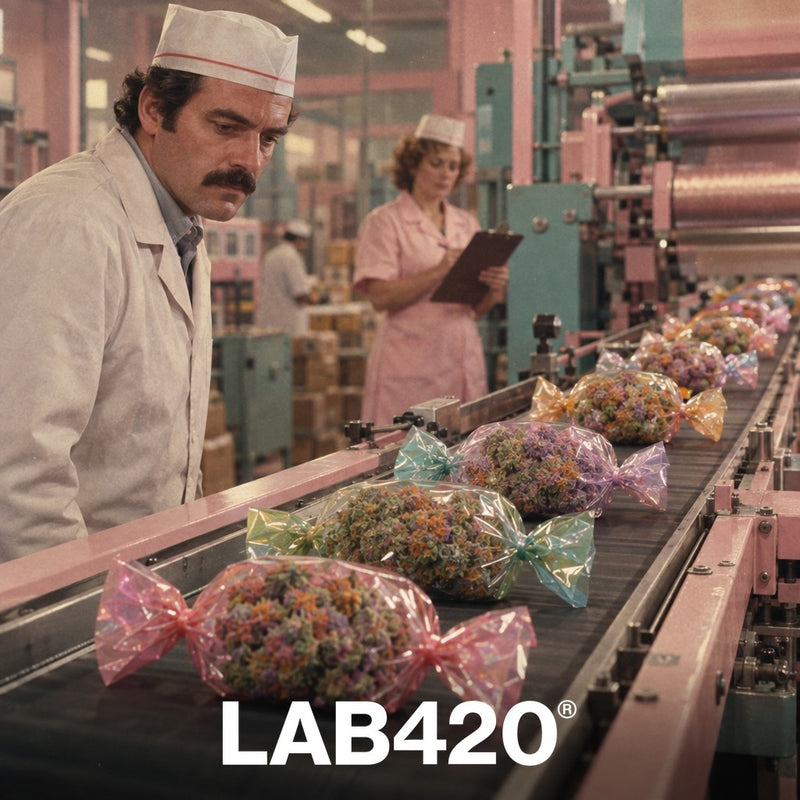Usine de bonbons rétro avec des buds Runtz géants sur le tapis - génétique et profil