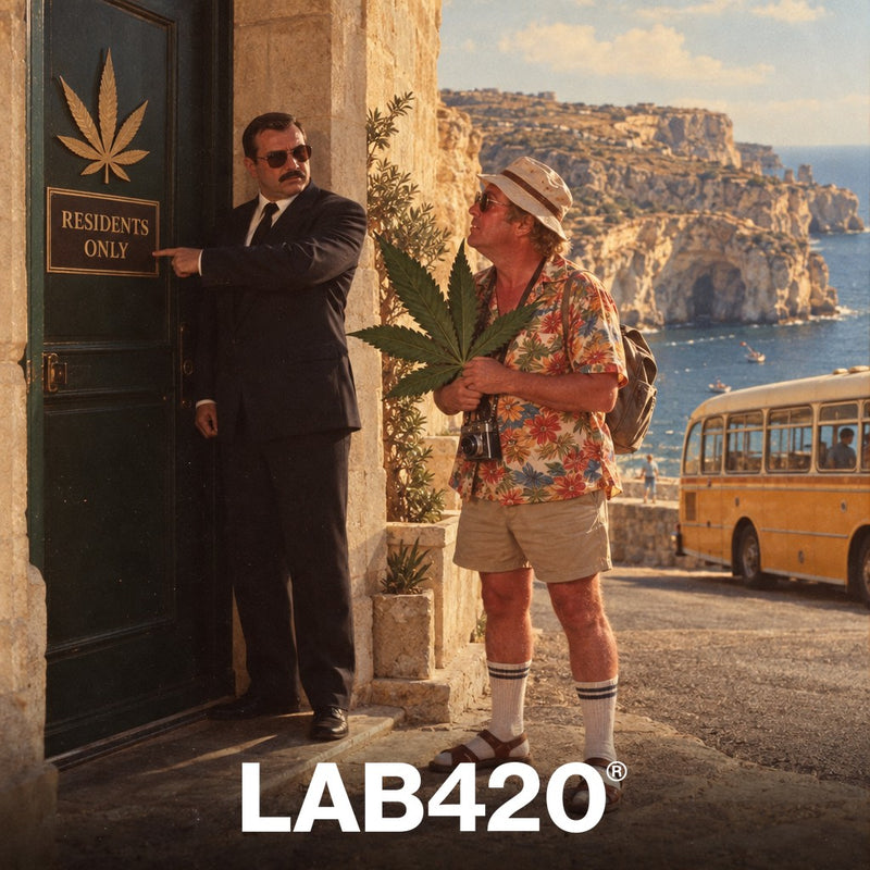 Touriste en chemise hawaïenne refoulé devant un club de cannabis maltais, feuille de cannabis géante à la main