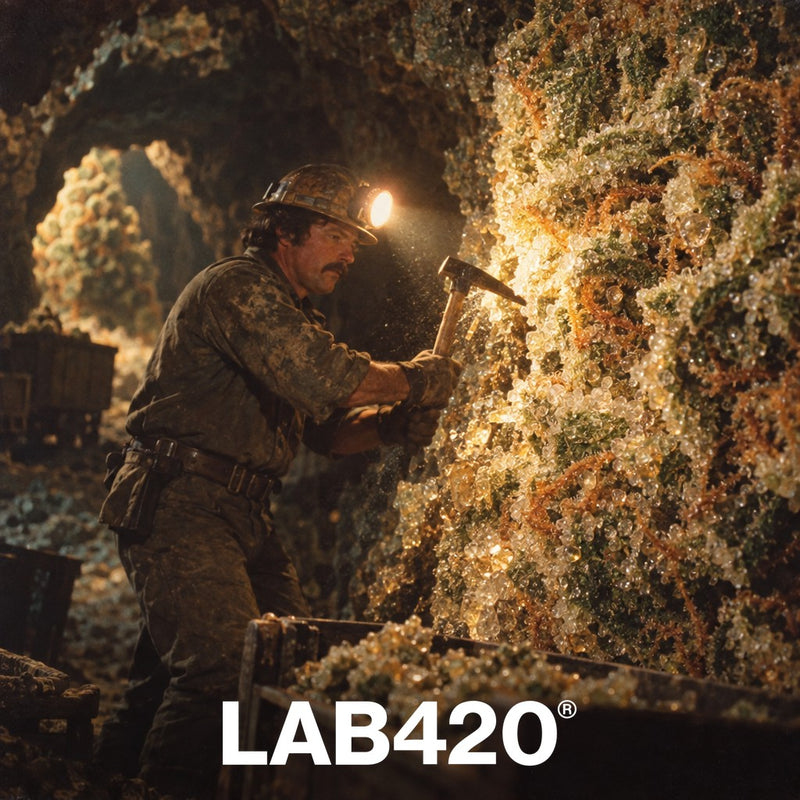 Mineur rétro dans une grotte de trichomes géants - où se cache la puissance
