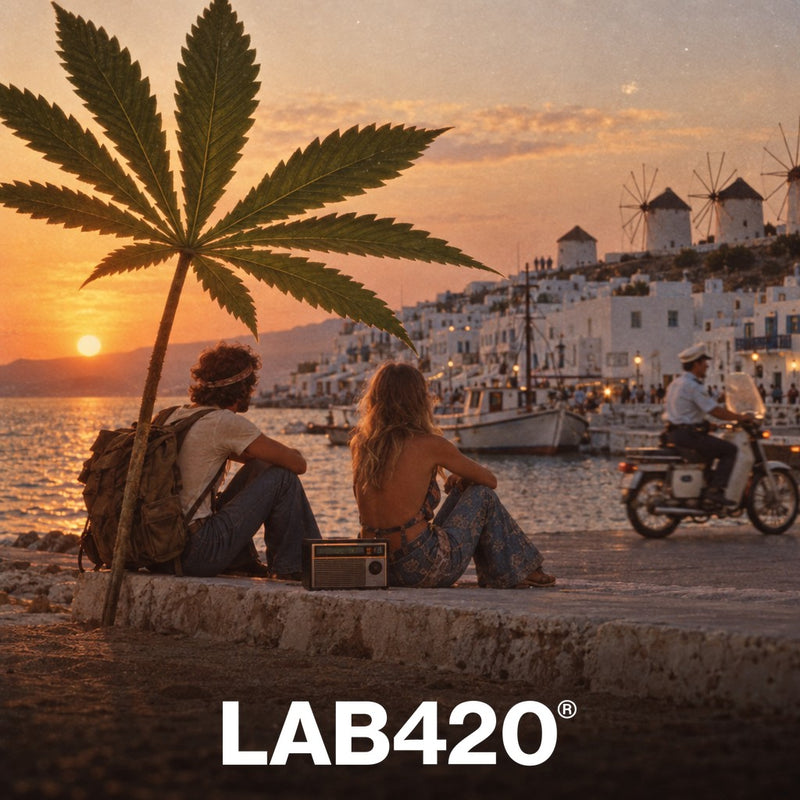 Illustration vintage de deux routards sur le port de Mykonos face à une feuille de cannabis géante