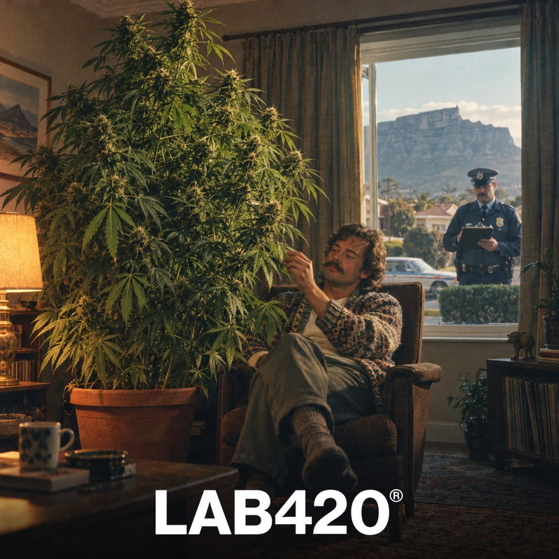 Homme cultivant un plant de cannabis géant dans son salon au Cap, policier dehors, ambiance film des années 90