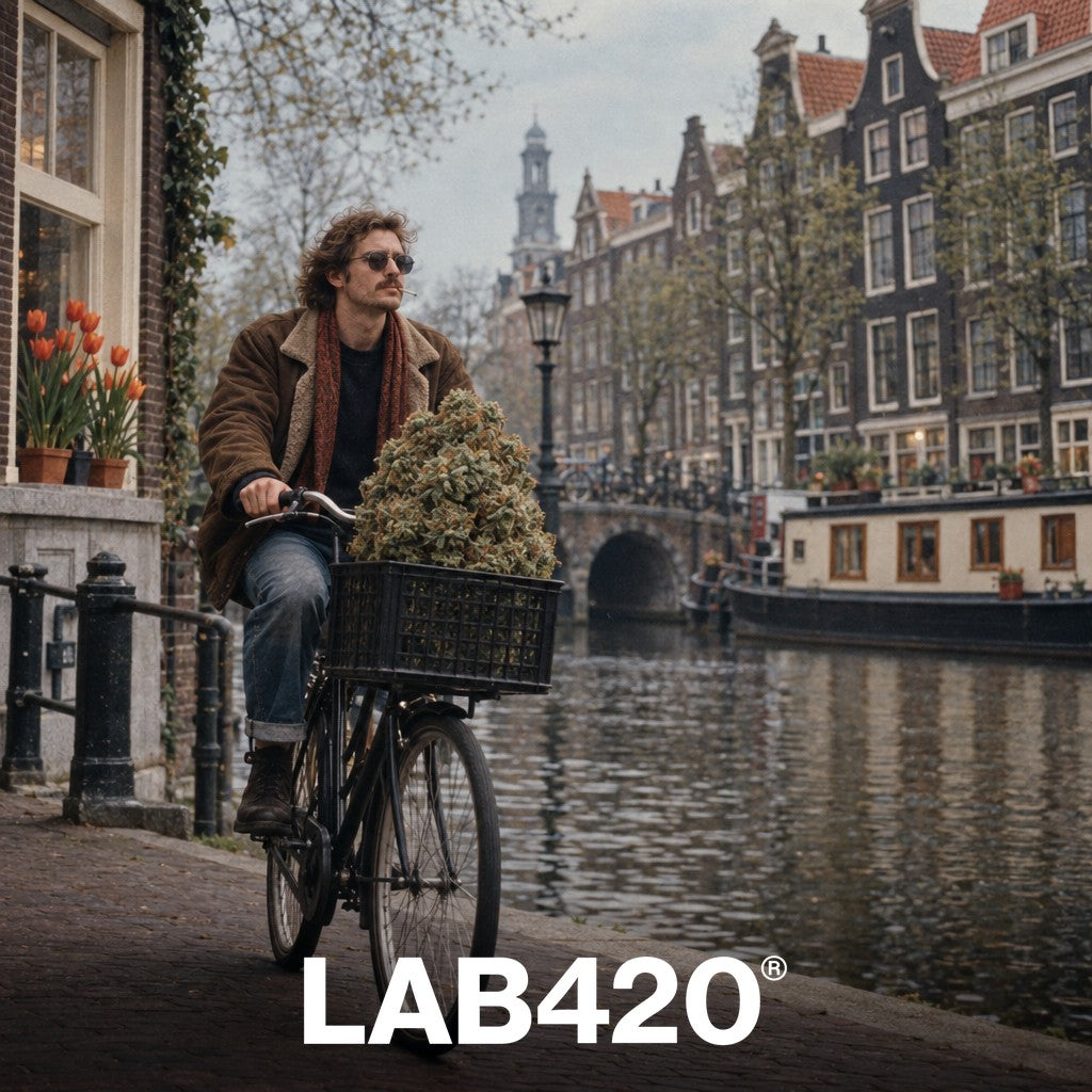 Cycliste rétro à Amsterdam avec un bud géant dans son panier - cannabis légal aux Pays-Bas