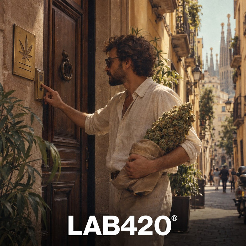Homme rétro devant la porte d'un club cannabique à Barcelone - coffee shop Barcelone