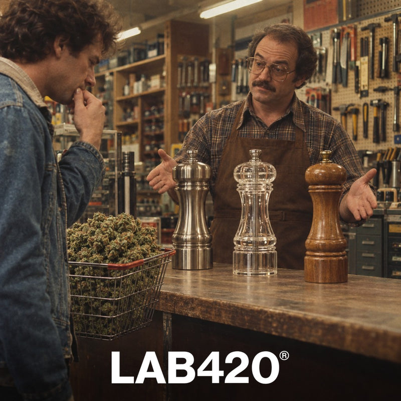 Quincaillier rétro présentant trois grinders géants - métal vs acrylique vs bois