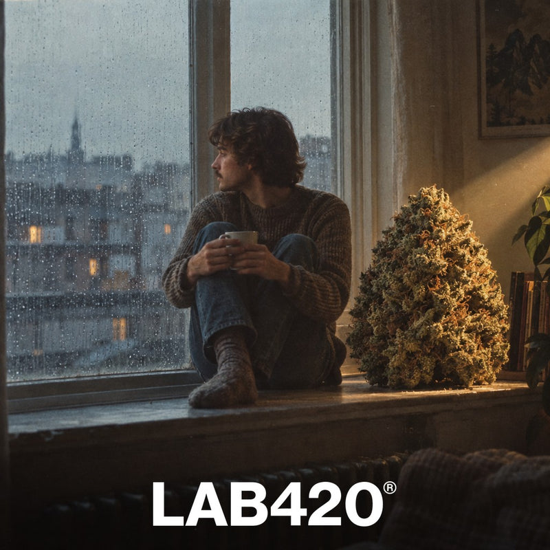Jeune homme rétro à la fenêtre sous la pluie avec un bud éclairé - CBD et dépression