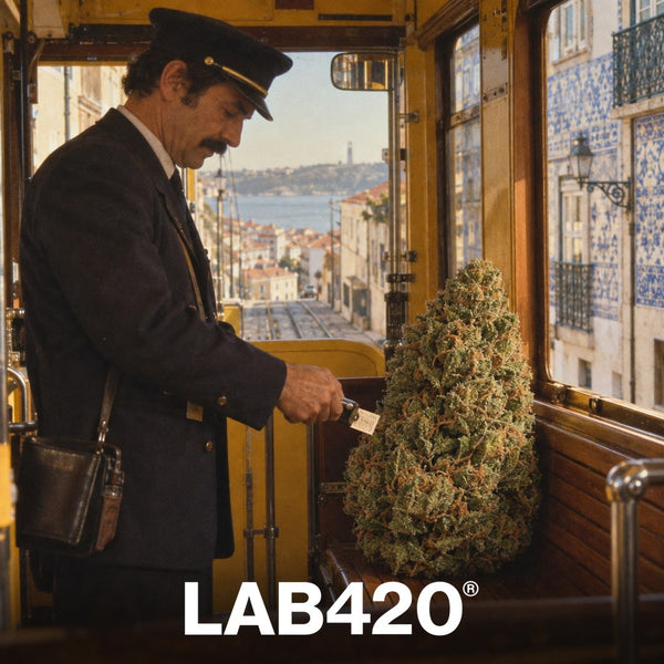 Tram jaune de Lisbonne rétro avec un bud géant passager - cannabis légal au Portugal