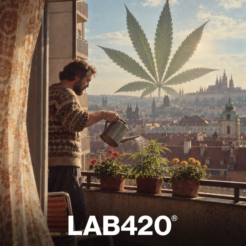 Illustration vintage d'un homme arrosant trois plants sur un balcon tchèque devant une feuille de cannabis géante
