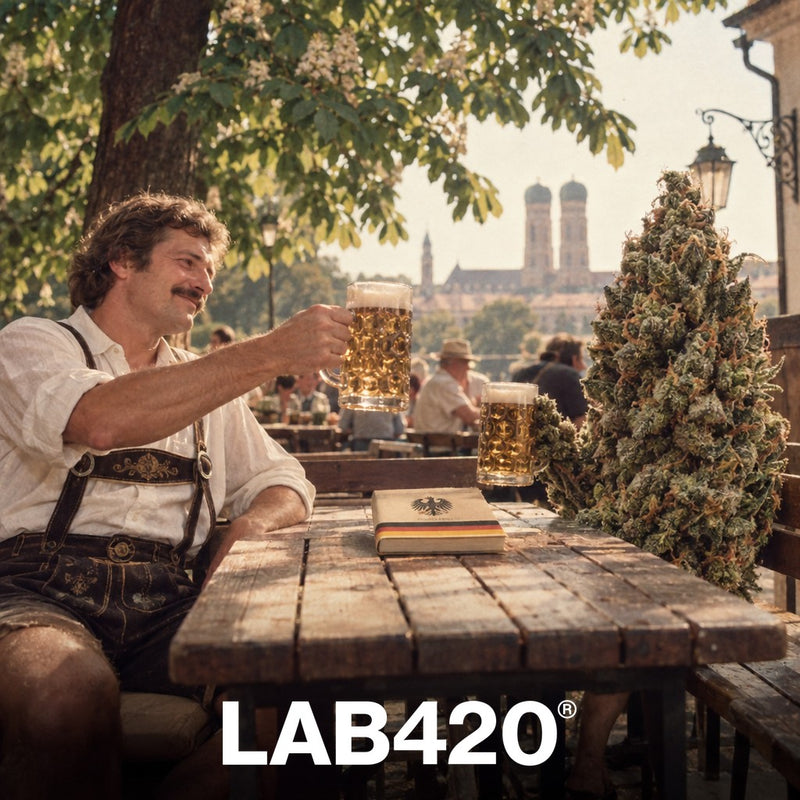 Biergarten rétro où un homme trinque avec un bud géant - cannabis légal en Allemagne
