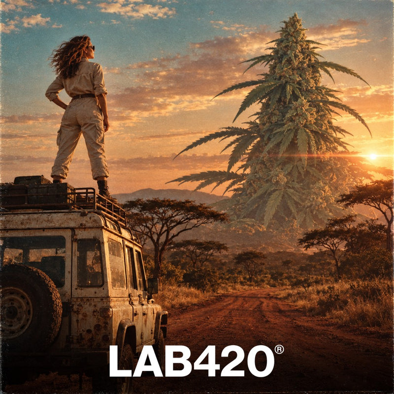 Aventurière des années 80 sur une jeep face à un plant de cannabis géant dans la savane africaine