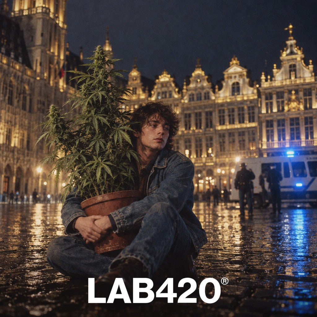 Jeune musicien assis sur la Grand-Place de Bruxelles la nuit avec un plant de cannabis géant en pot