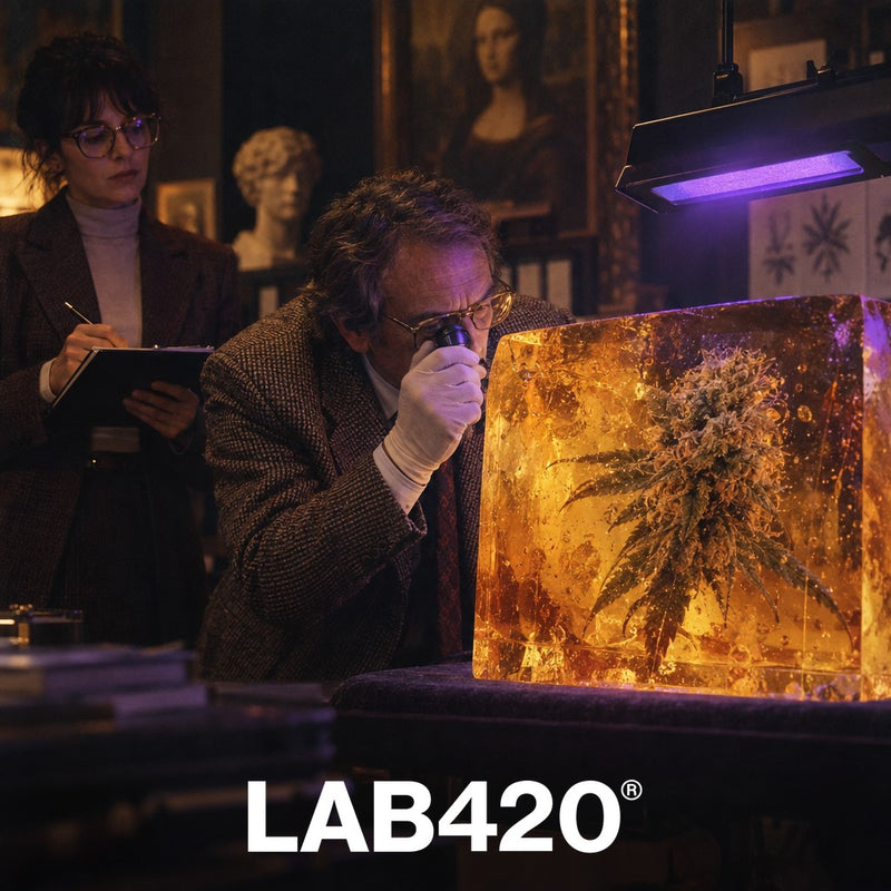 Expert rétro authentifiant un bloc de résine CBD sous lampe UV - reconnaître la résine