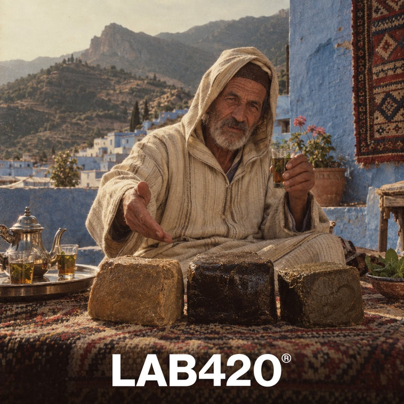 Artisan rétro du Rif présentant trois blocs de haschich géants - variétés de haschich marocain