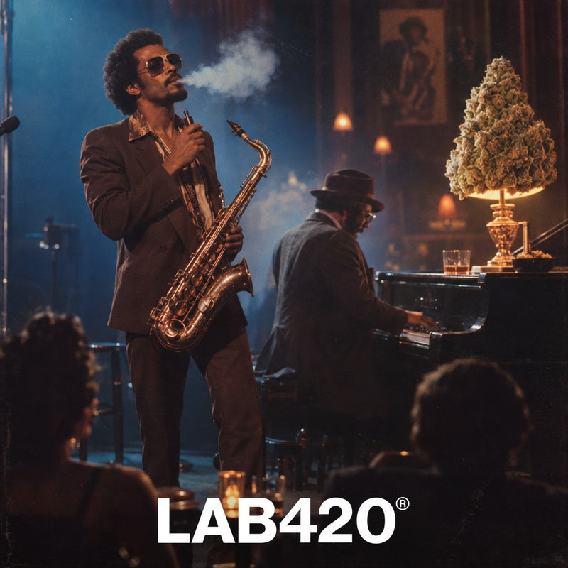 Saxophoniste rétro dans un club de jazz avec un vaporisateur et un bud géant - vapoter du CBD
