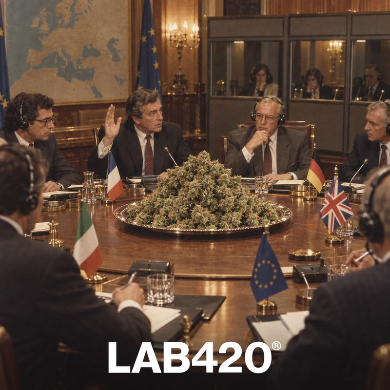 Sommet diplomatique rétro autour d'un bud géant - cannabis légal en Europe