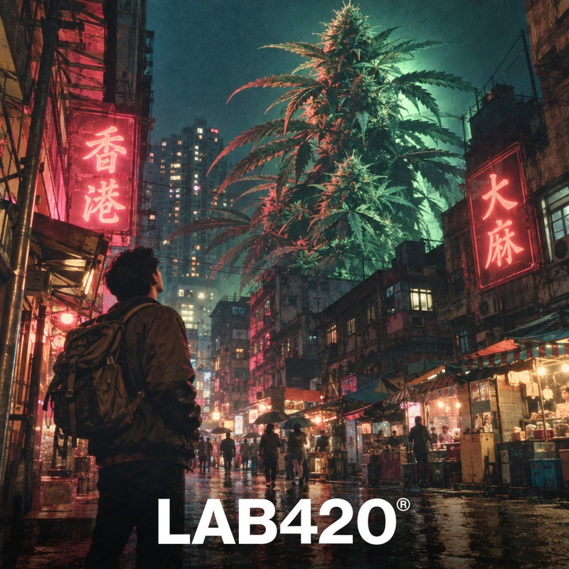 Routard dans une rue asiatique de nuit sous une plante de cannabis géante éclairée au néon