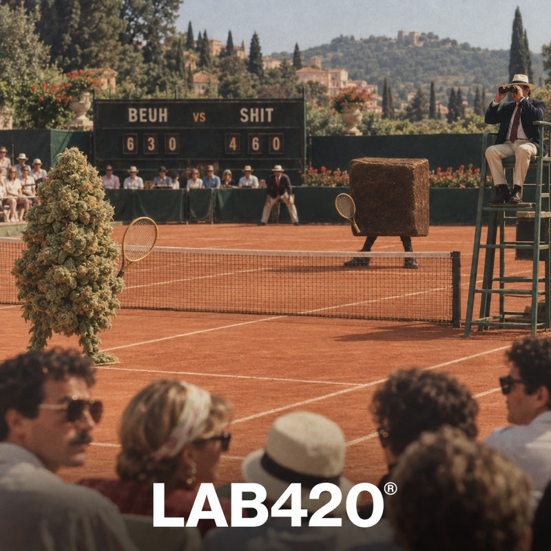 Match de tennis rétro entre un bud de beuh géant et un bloc de shit - différence shit beuh