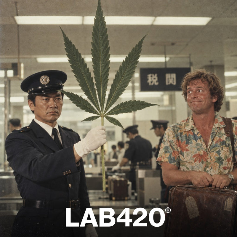 Douanier japonais tenant une feuille de cannabis géante devant un touriste figé à l'aéroport