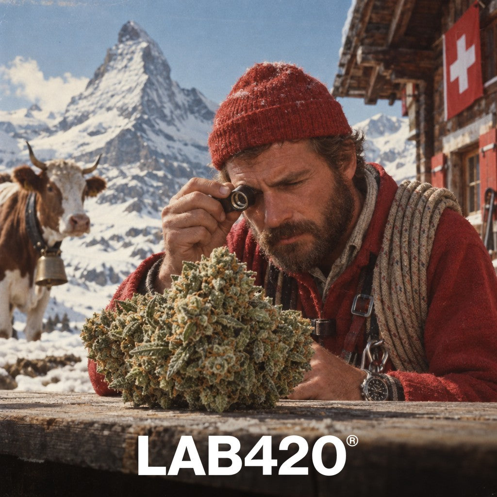 Guide de montagne rétro inspectant un bud géant devant les Alpes - cannabis légal en Suisse