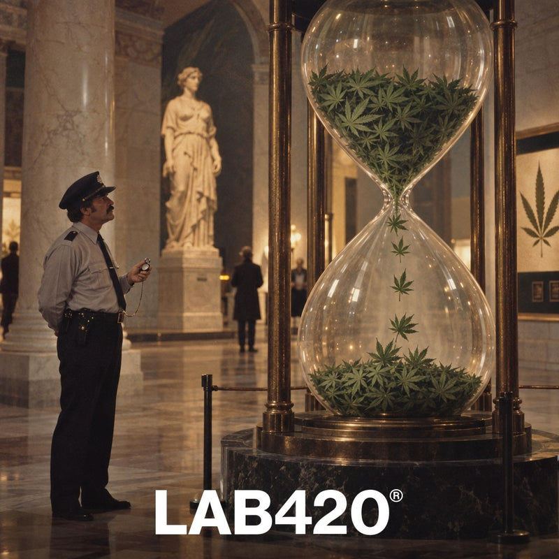 Gardien de musée rétro devant un sablier géant rempli de feuilles de cannabis - durée du CBD dans le sang