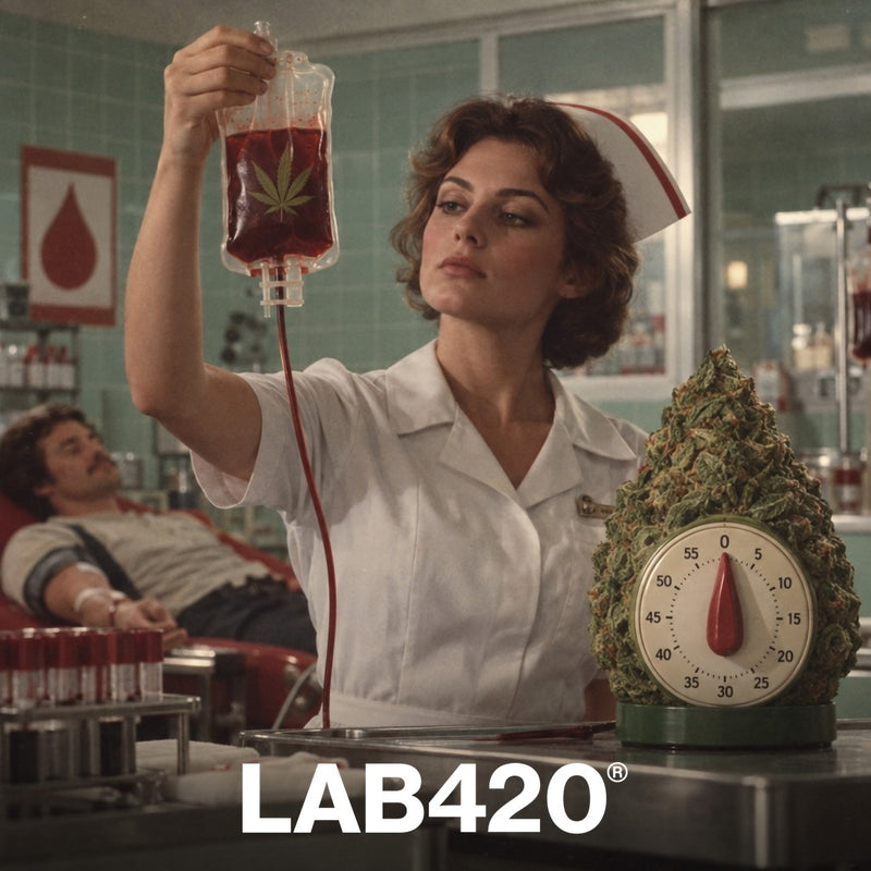 Infirmière rétro avec poche de sang et minuteur bud - durée du THC dans le sang