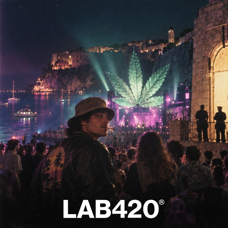 Illustration vintage d'un festivalier près des remparts de Dubrovnik à côté d'une feuille de cannabis géante